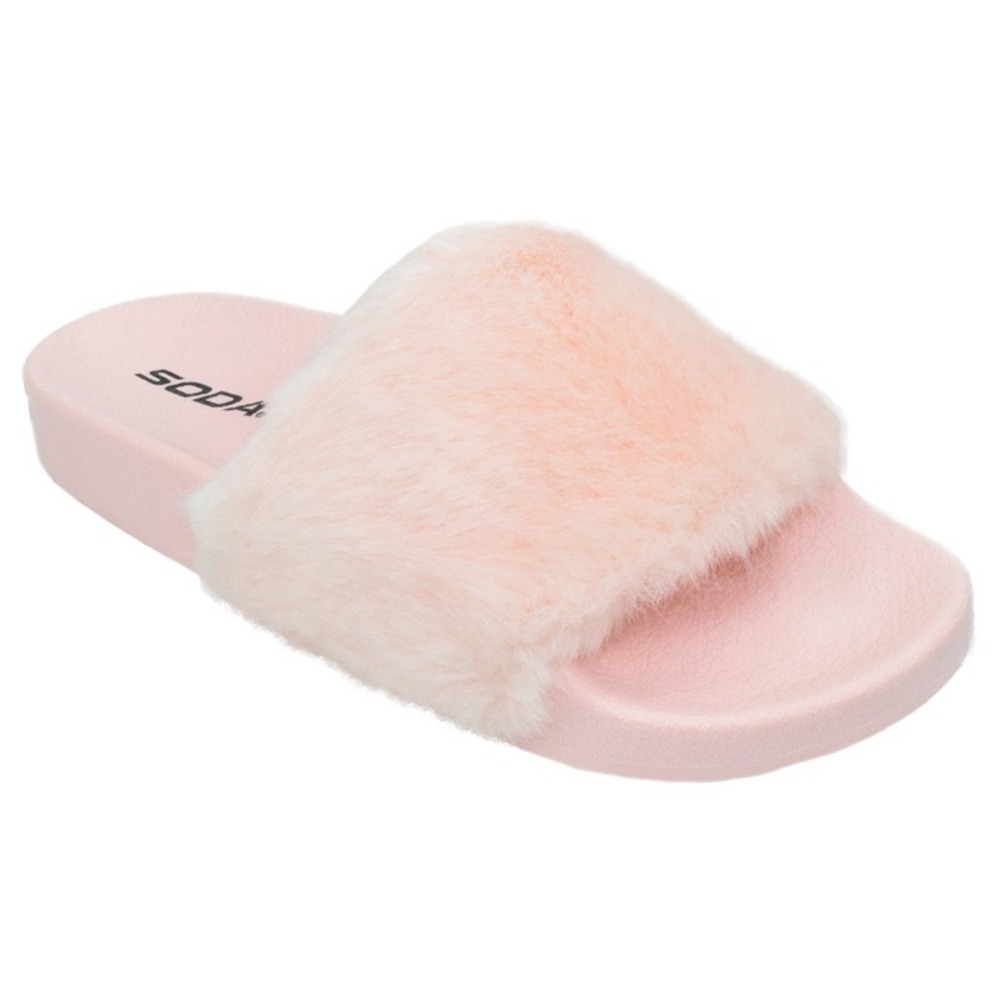 Women's Pink Fuzzy Slide Slippers Soft Faux Fur Cozy Slip on Sandals Size 7